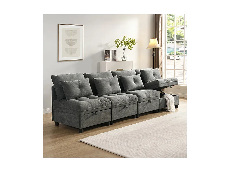 Canapé 4 places modulable en chenille - avec 8 oreillers et 4 rangement de stockage - charge max 500kg - 274x76x87cm - Gris