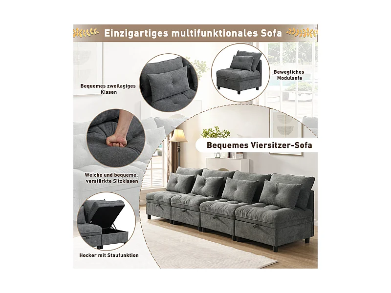 Canapé 4 places modulable en chenille - avec 8 oreillers et 4 rangement de stockage - charge max 500kg - 274x76x87cm - Gris