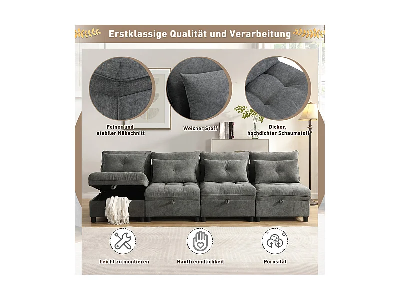 Canapé 4 places modulable en chenille - avec 8 oreillers et 4 rangement de stockage - charge max 500kg - 274x76x87cm - Gris