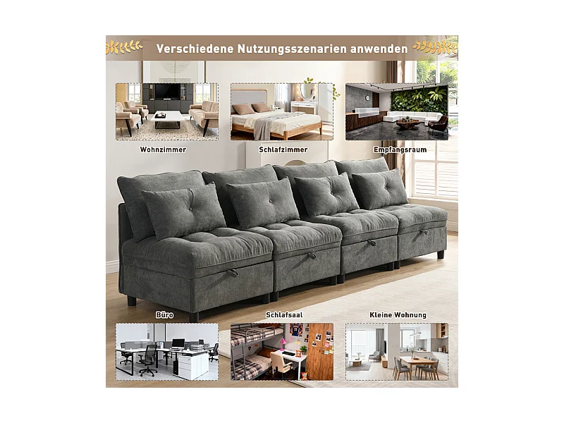 Canapé 4 places modulable en chenille - avec 8 oreillers et 4 rangement de stockage - charge max 500kg - 274x76x87cm - Gris