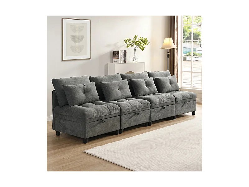 Sofá Modular 4 Lugares em Chenille - com 8 Almofadas e 4 Armazenamentos - Carga Máx. 500kg - 274x76x87cm - Cinza