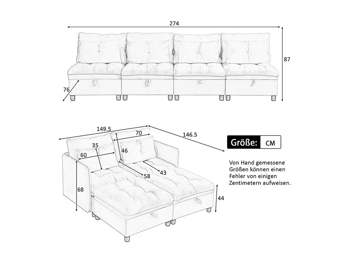 Canapé 4 places modulable en chenille - avec 8 oreillers et 4 rangement de stockage - charge max 500kg - 274x76x87cm - Gris