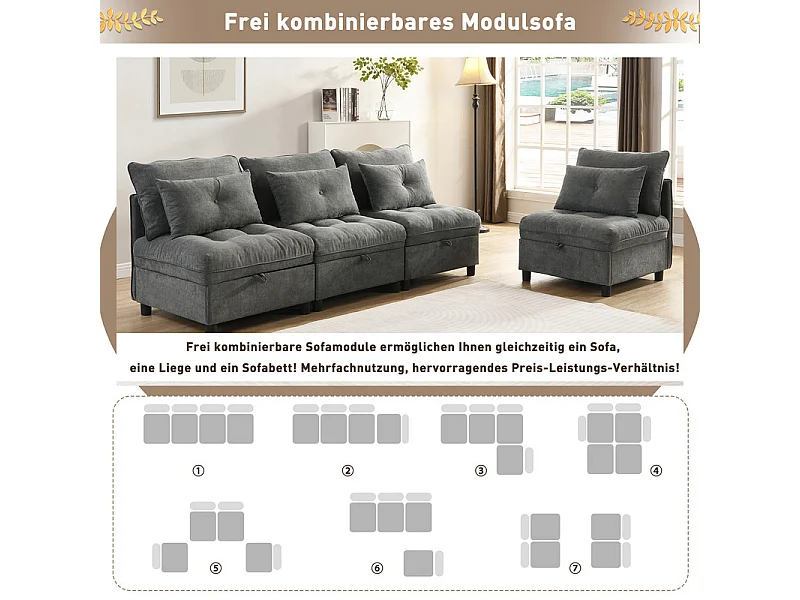 Canapé 4 places modulable en chenille - avec 8 oreillers et 4 rangement de stockage - charge max 500kg - 274x76x87cm - Gris