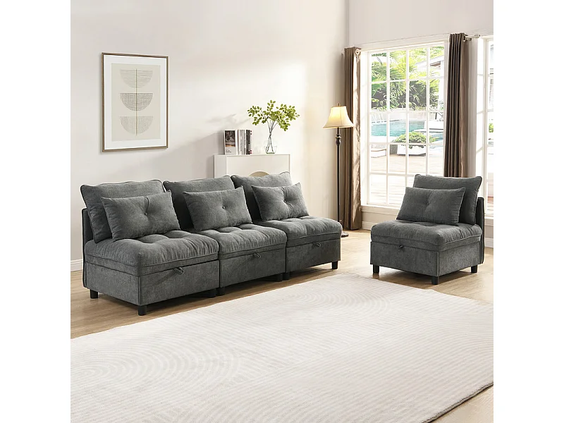 Canapé 4 places modulable en chenille - avec 8 oreillers et 4 rangement de stockage - charge max 500kg - 274x76x87cm - Gris
