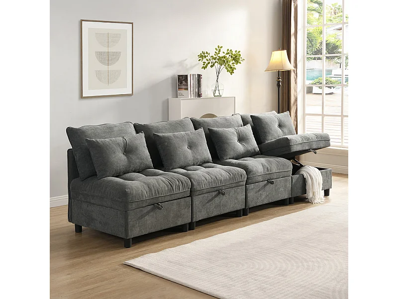 Canapé 4 places modulable en chenille - avec 8 oreillers et 4 rangement de stockage - charge max 500kg - 274x76x87cm - Gris