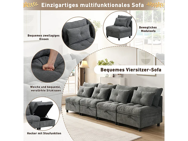 Canapé 4 places modulable en chenille - avec 8 oreillers et 4 rangement de stockage - charge max 500kg - 274x76x87cm - Gris