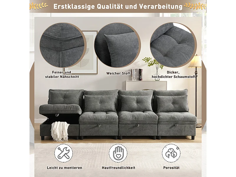 Canapé 4 places modulable en chenille - avec 8 oreillers et 4 rangement de stockage - charge max 500kg - 274x76x87cm - Gris