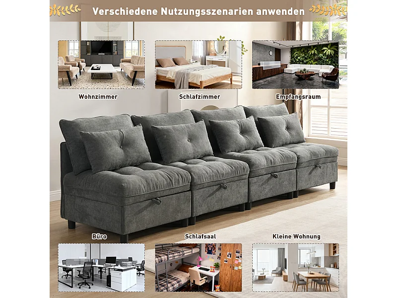 Canapé 4 places modulable en chenille - avec 8 oreillers et 4 rangement de stockage - charge max 500kg - 274x76x87cm - Gris