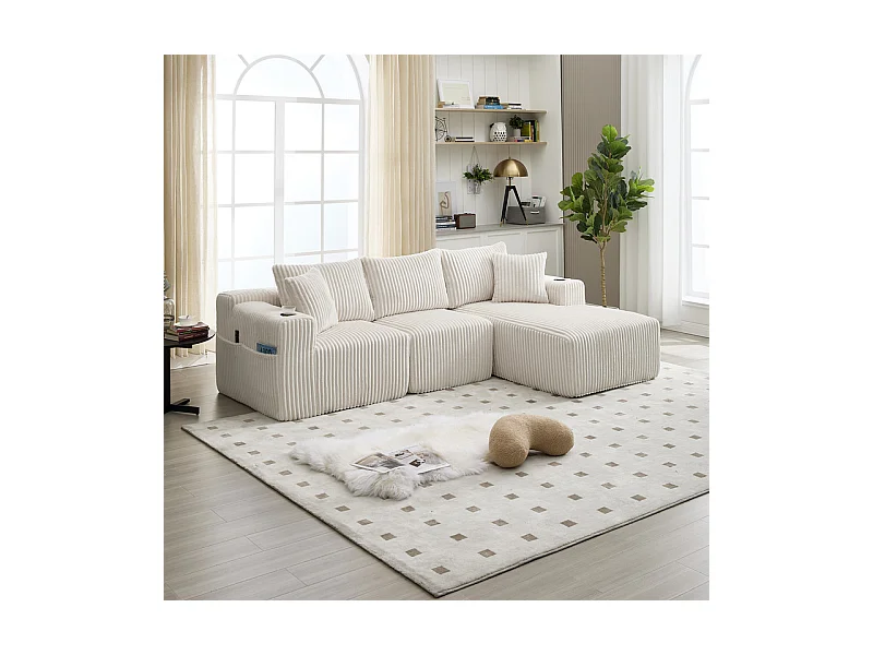 Canapé 3 places d'angle modulable, en velours côtelé, avec porte-gobelets, oreillers et poches latérales, 118cm méridienne, Beige