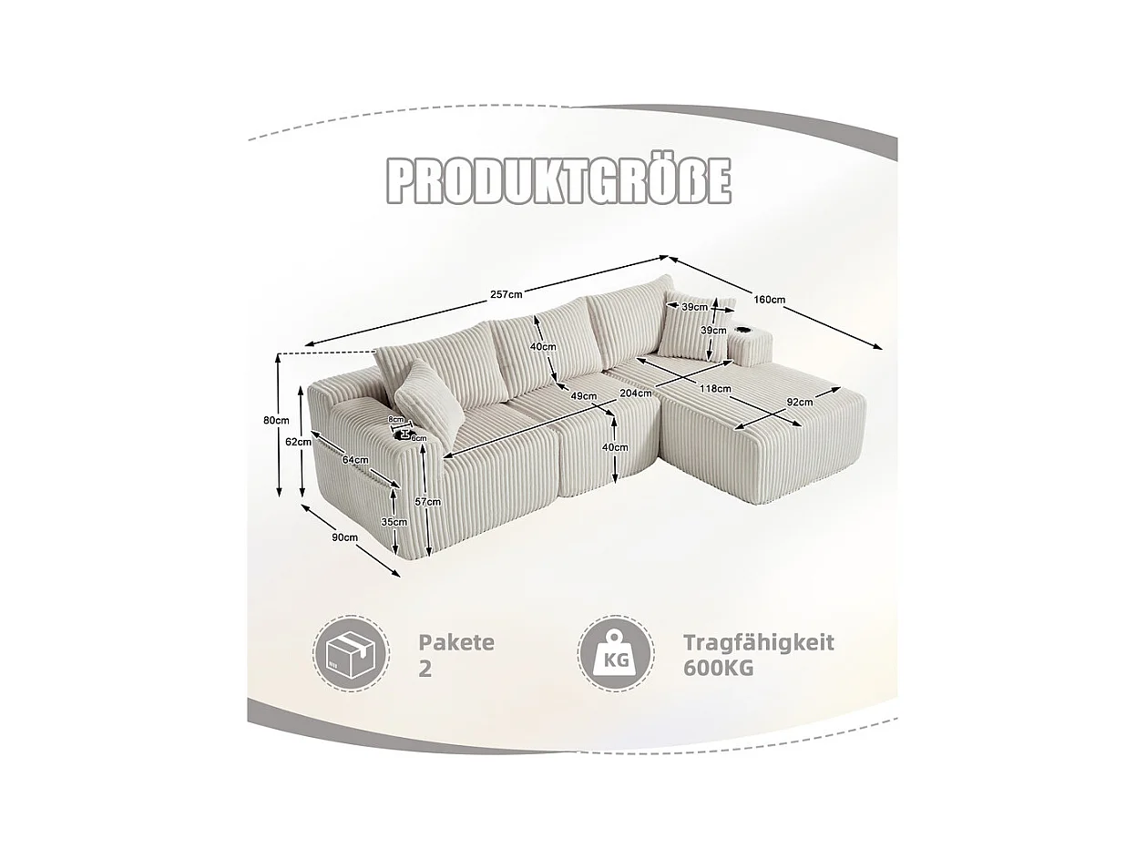 Canapé 3 places d'angle modulable, en velours côtelé, avec porte-gobelets, oreillers et poches latérales, 118cm méridienne, Beige