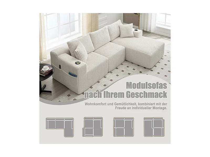 Canapé 3 places d'angle modulable, en velours côtelé, avec porte-gobelets, oreillers et poches latérales, 118cm méridienne, Beige