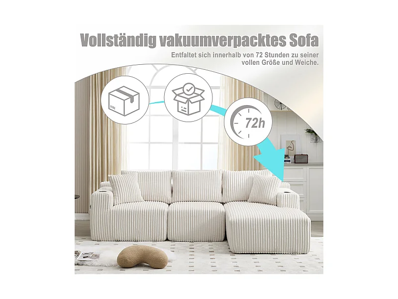 Canapé 3 places d'angle modulable, en velours côtelé, avec porte-gobelets, oreillers et poches latérales, 118cm méridienne, Beige