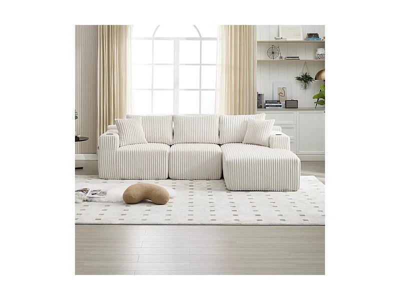 Canapé 3 places d'angle modulable, en velours côtelé, avec porte-gobelets, oreillers et poches latérales, 118cm méridienne, Beige