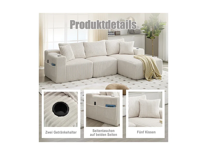 Canapé 3 places d'angle modulable, en velours côtelé, avec porte-gobelets, oreillers et poches latérales, 118cm méridienne, Beige