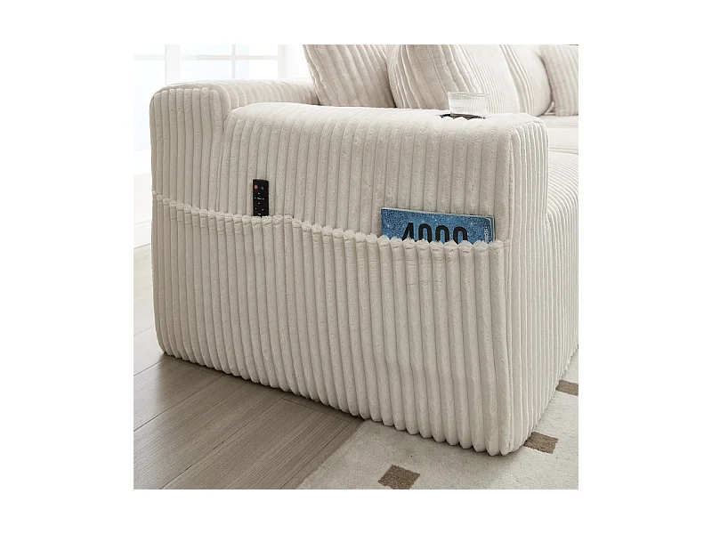 Canapé 3 places d'angle modulable, en velours côtelé, avec porte-gobelets, oreillers et poches latérales, 118cm méridienne, Beige