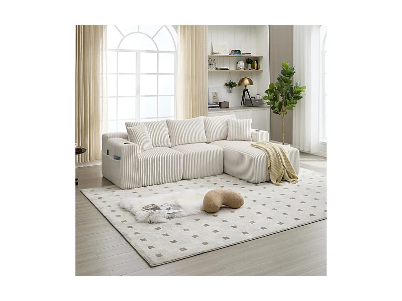 Canapé 3 places d'angle modulable, en velours côtelé, avec porte-gobelets, oreillers et poches latérales, 118cm méridienne, Beige