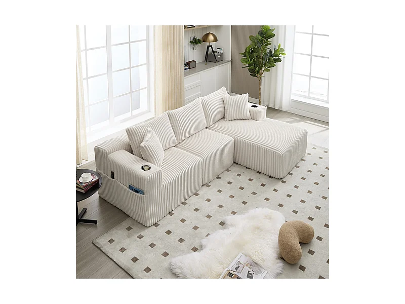 Canapé 3 places d'angle modulable, en velours côtelé, avec porte-gobelets, oreillers et poches latérales, 118cm méridienne, Beige