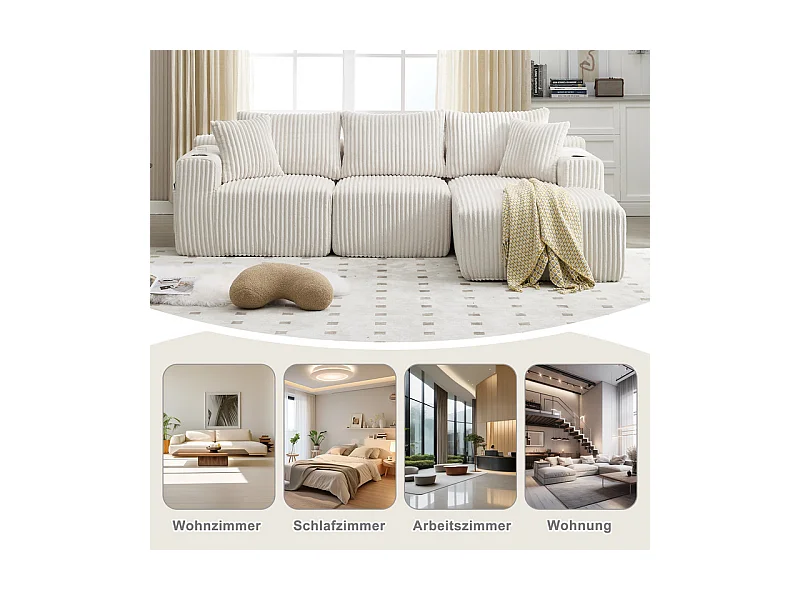 Canapé 3 places d'angle modulable, en velours côtelé, avec porte-gobelets, oreillers et poches latérales, 118cm méridienne, Beige