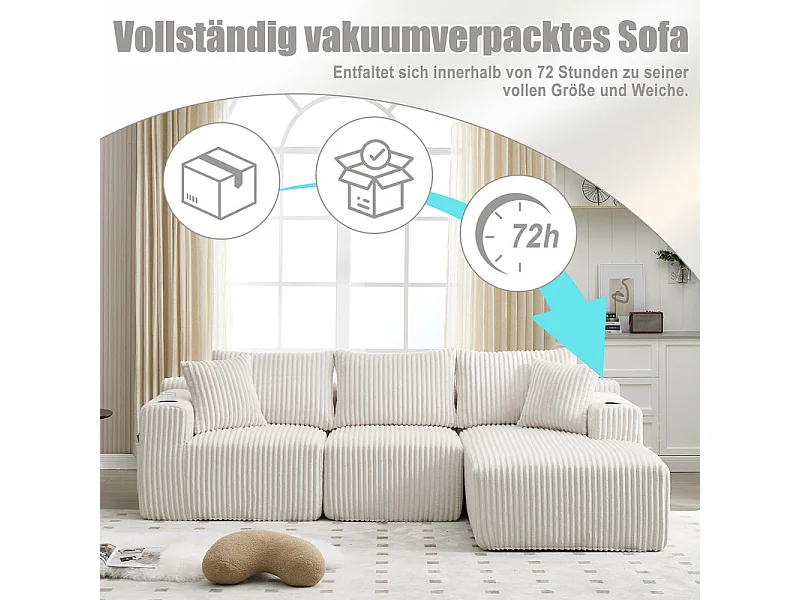 Canapé 3 places d'angle modulable, en velours côtelé, avec porte-gobelets, oreillers et poches latérales, 118cm méridienne, Beige