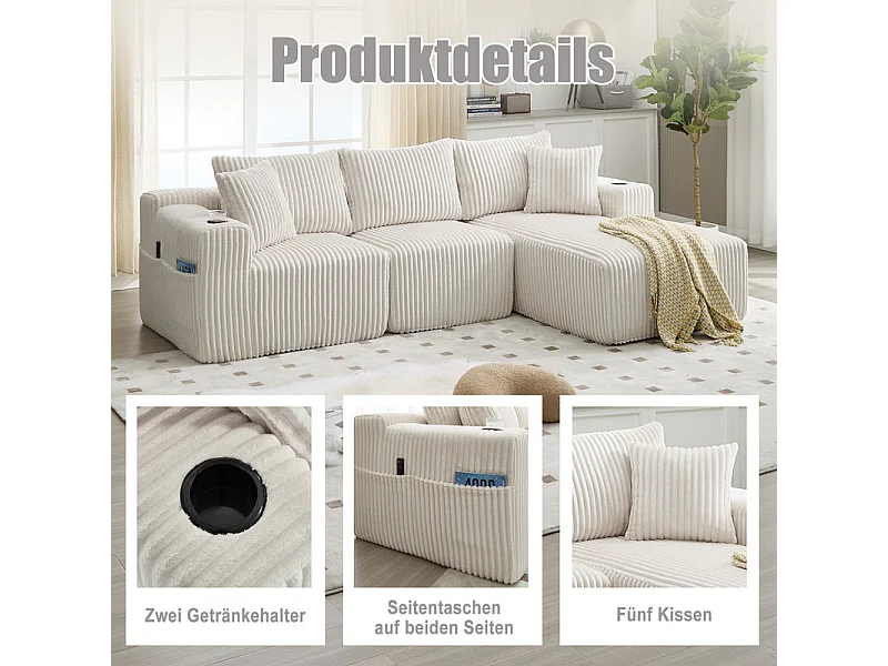 Canapé 3 places d'angle modulable, en velours côtelé, avec porte-gobelets, oreillers et poches latérales, 118cm méridienne, Beige