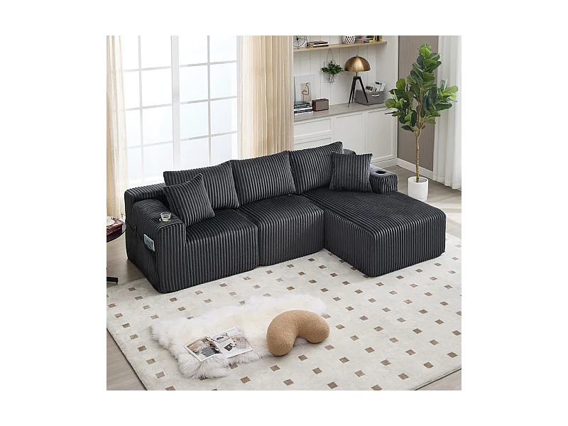 Canapé 3 places d'angle modulable, en velours côtelé, avec porte-gobelets, oreillers et poches latérales, 118cm méridienne, Gris