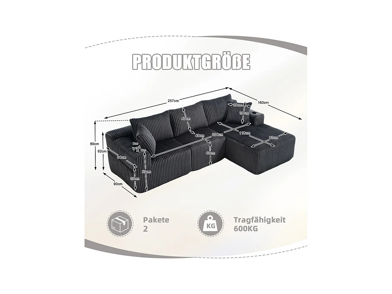 Canapé 3 places d'angle modulable, en velours côtelé, avec porte-gobelets, oreillers et poches latérales, 118cm méridienne, Gris