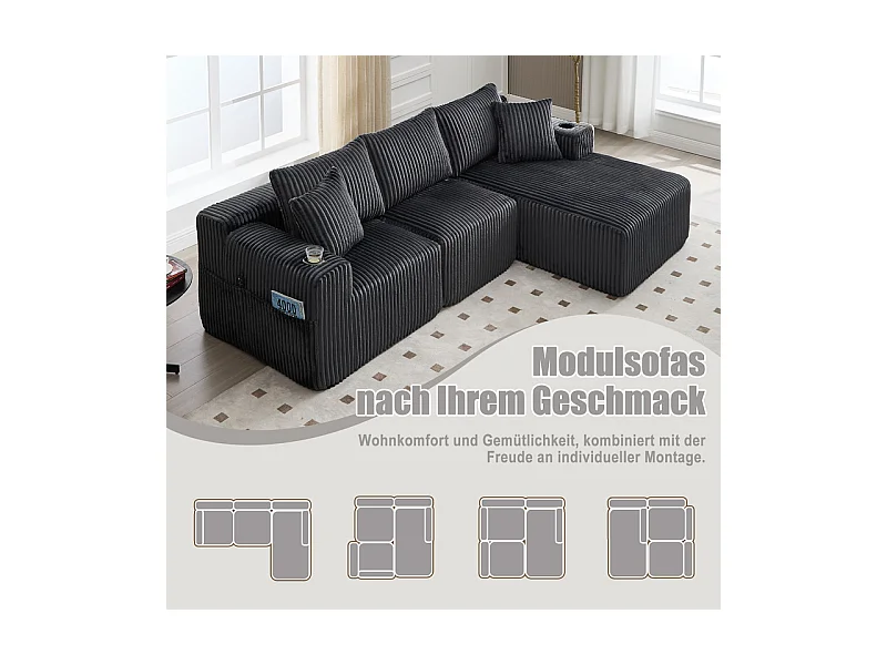 Canapé 3 places d'angle modulable, en velours côtelé, avec porte-gobelets, oreillers et poches latérales, 118cm méridienne, Gris