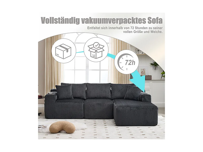 Canapé 3 places d'angle modulable, en velours côtelé, avec porte-gobelets, oreillers et poches latérales, 118cm méridienne, Gris