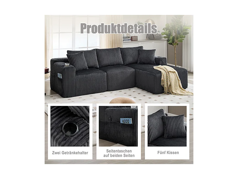 Canapé 3 places d'angle modulable, en velours côtelé, avec porte-gobelets, oreillers et poches latérales, 118cm méridienne, Gris