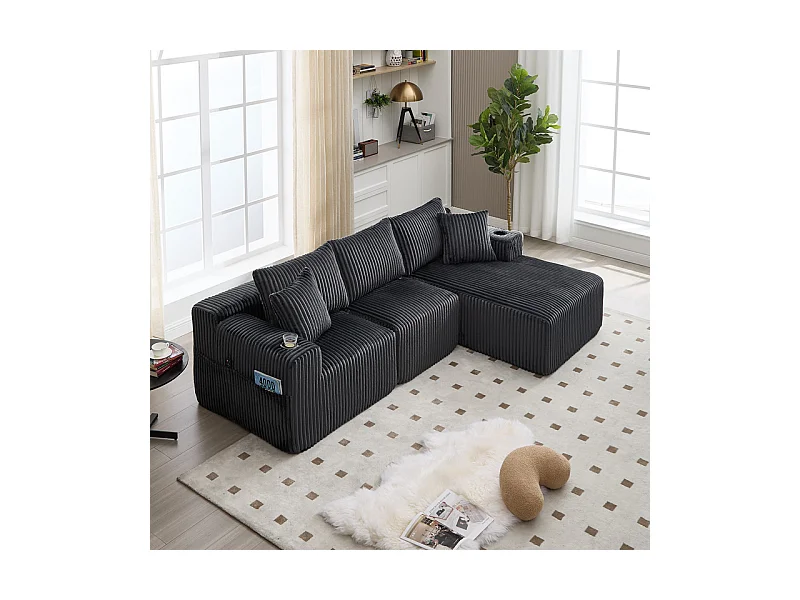 Canapé 3 places d'angle modulable, en velours côtelé, avec porte-gobelets, oreillers et poches latérales, 118cm méridienne, Gris