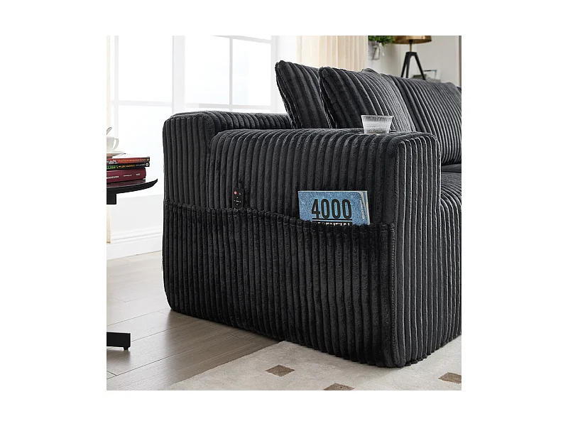 Canapé 3 places d'angle modulable, en velours côtelé, avec porte-gobelets, oreillers et poches latérales, 118cm méridienne, Gris