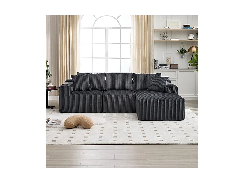 Canapé 3 places d'angle modulable, en velours côtelé, avec porte-gobelets, oreillers et poches latérales, 118cm méridienne, Gris