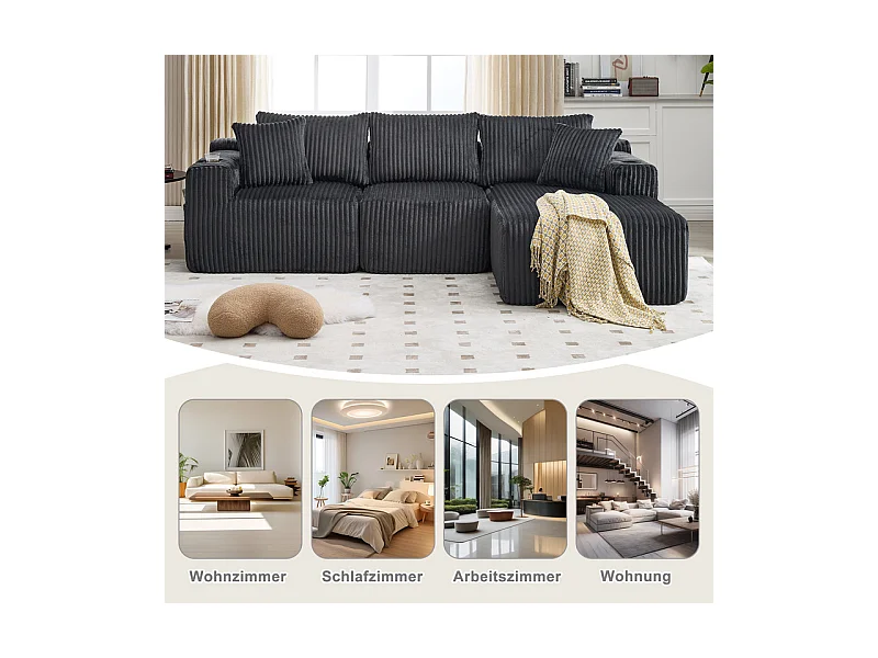 Canapé 3 places d'angle modulable, en velours côtelé, avec porte-gobelets, oreillers et poches latérales, 118cm méridienne, Gris