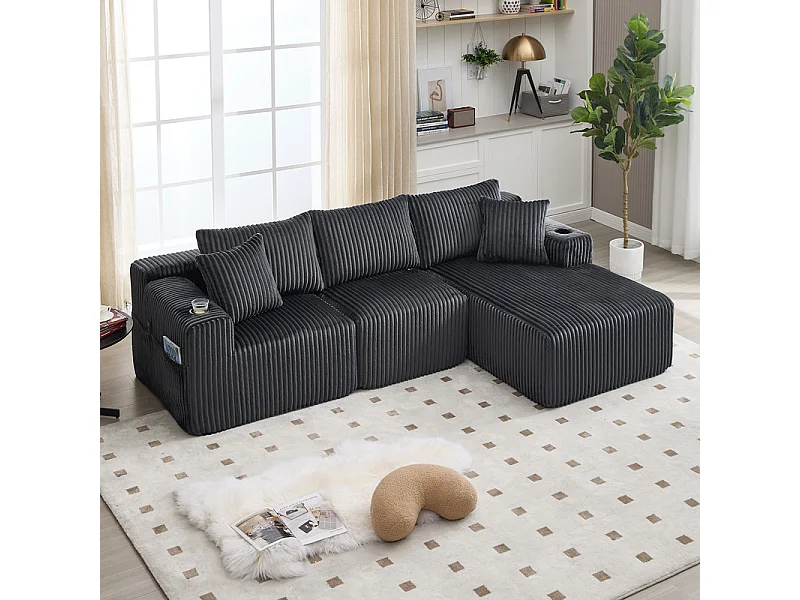 Sofá Esquinero Modular 3 Plazas, de Pana, con Portavasos, Cojines y Bolsillos Laterales, Chaise Longue 118cm, Gris
