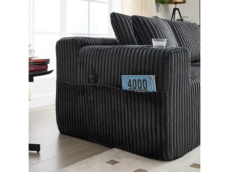 Sofá Esquinero Modular 3 Plazas, de Pana, con Portavasos, Cojines y Bolsillos Laterales, Chaise Longue 118cm, Gris