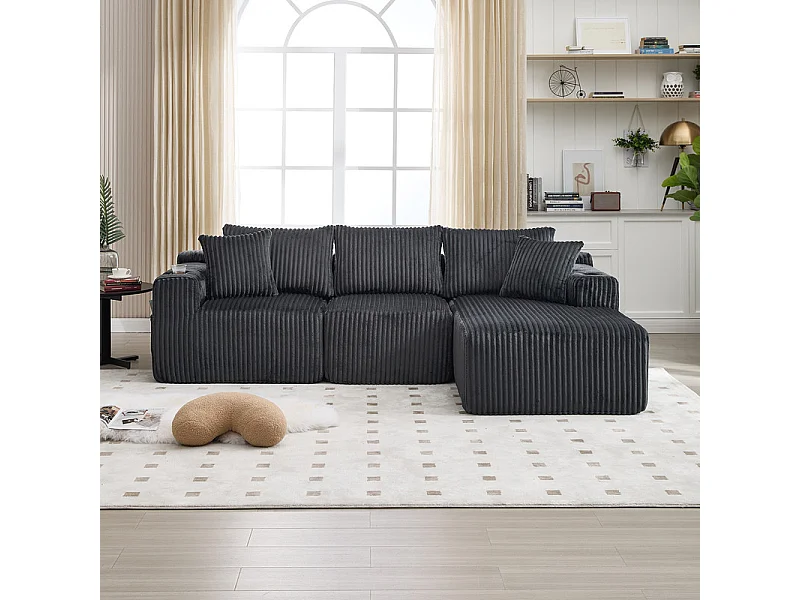 Sofá Esquinero Modular 3 Plazas, de Pana, con Portavasos, Cojines y Bolsillos Laterales, Chaise Longue 118cm, Gris