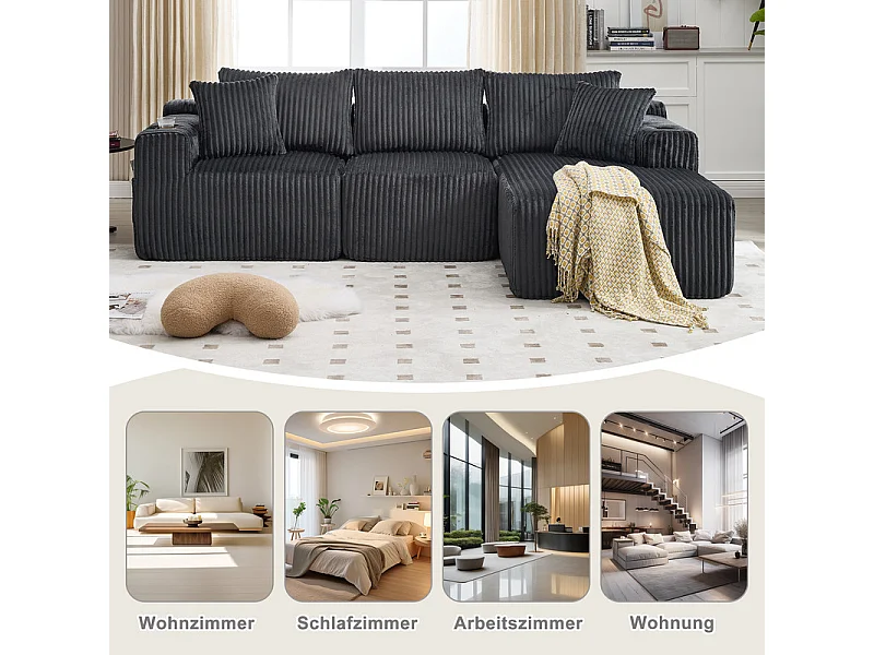 Sofá Esquinero Modular 3 Plazas, de Pana, con Portavasos, Cojines y Bolsillos Laterales, Chaise Longue 118cm, Gris