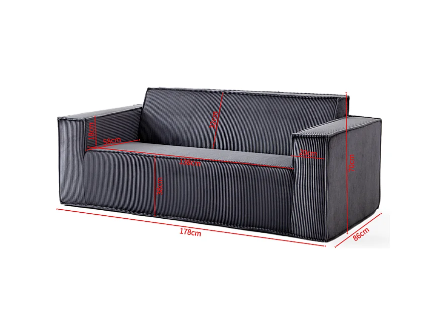 Canapé 2 places en velours côtelé - 58cm assise profonde - charge max 250kg - 178x86x70cm - Gris