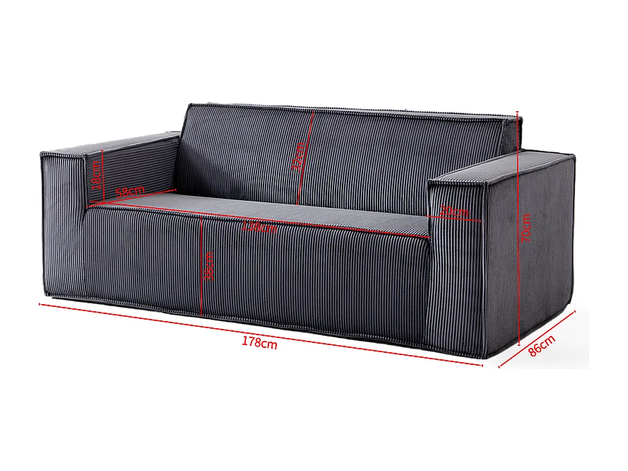 Couch 2-sitzer aus Cord - 58cm Sitztiefe - Max. Belastung 250kg - 178x86x70cm - Grau