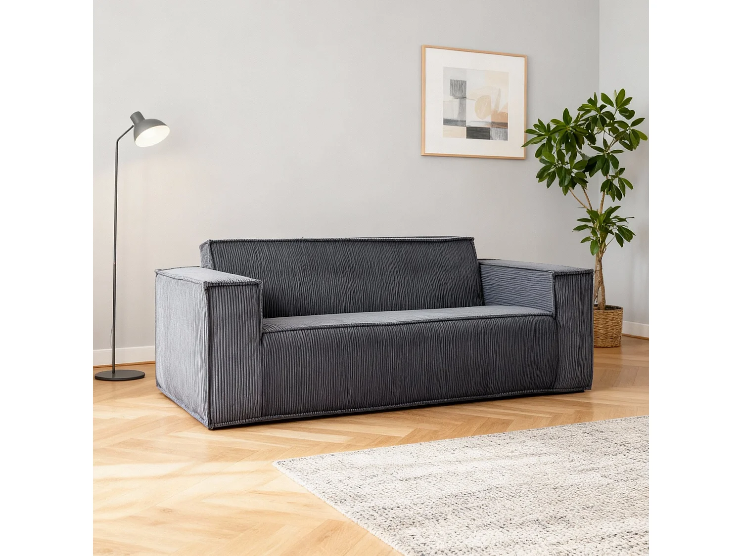 Canapé 2 Places en Velours côtelé, 58cm profondeur d'assise, 178x86x70cm, Gris