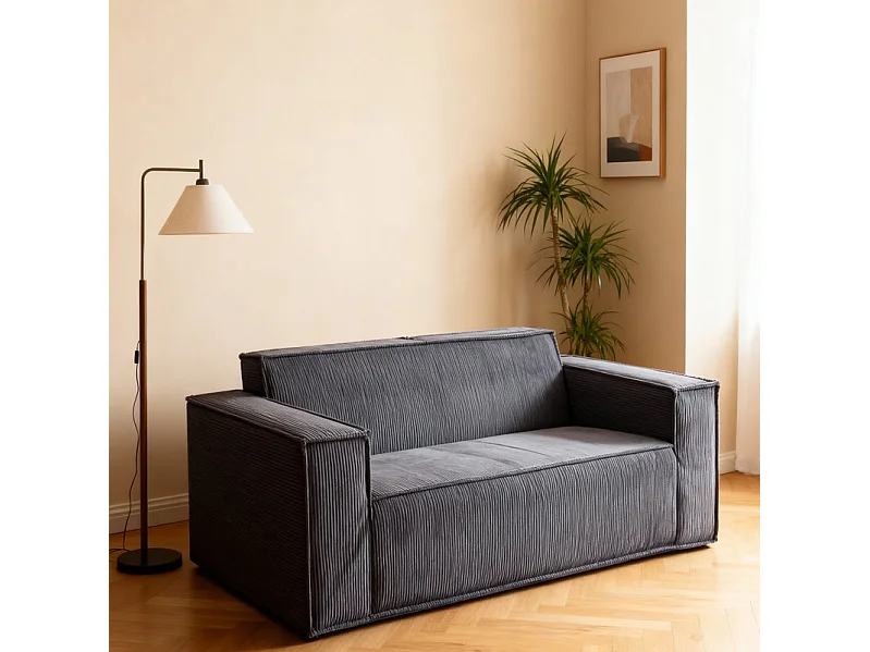 Canapé 2 Places en Velours côtelé, 58cm profondeur d'assise, 178x86x70cm, Gris