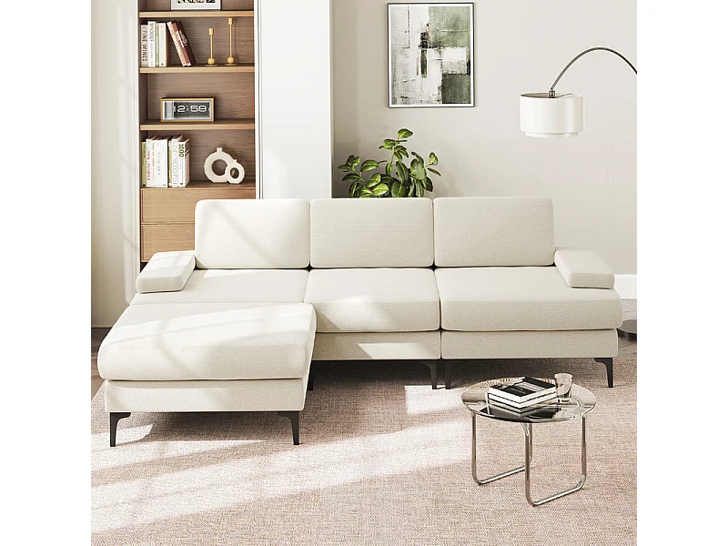 Divano Angolo 3 Posti in Chenille - con Pouf - Carico Max 650kg - 244x146x83cm - Beige