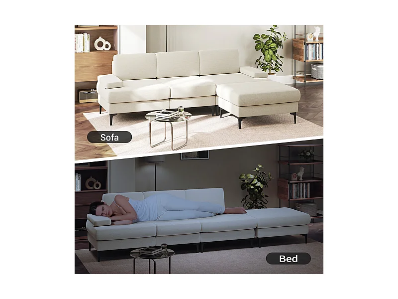 Canapé 3 places d'angle en chenille - avec pouf - charge max 650kg - 244x146x83cm - Beige