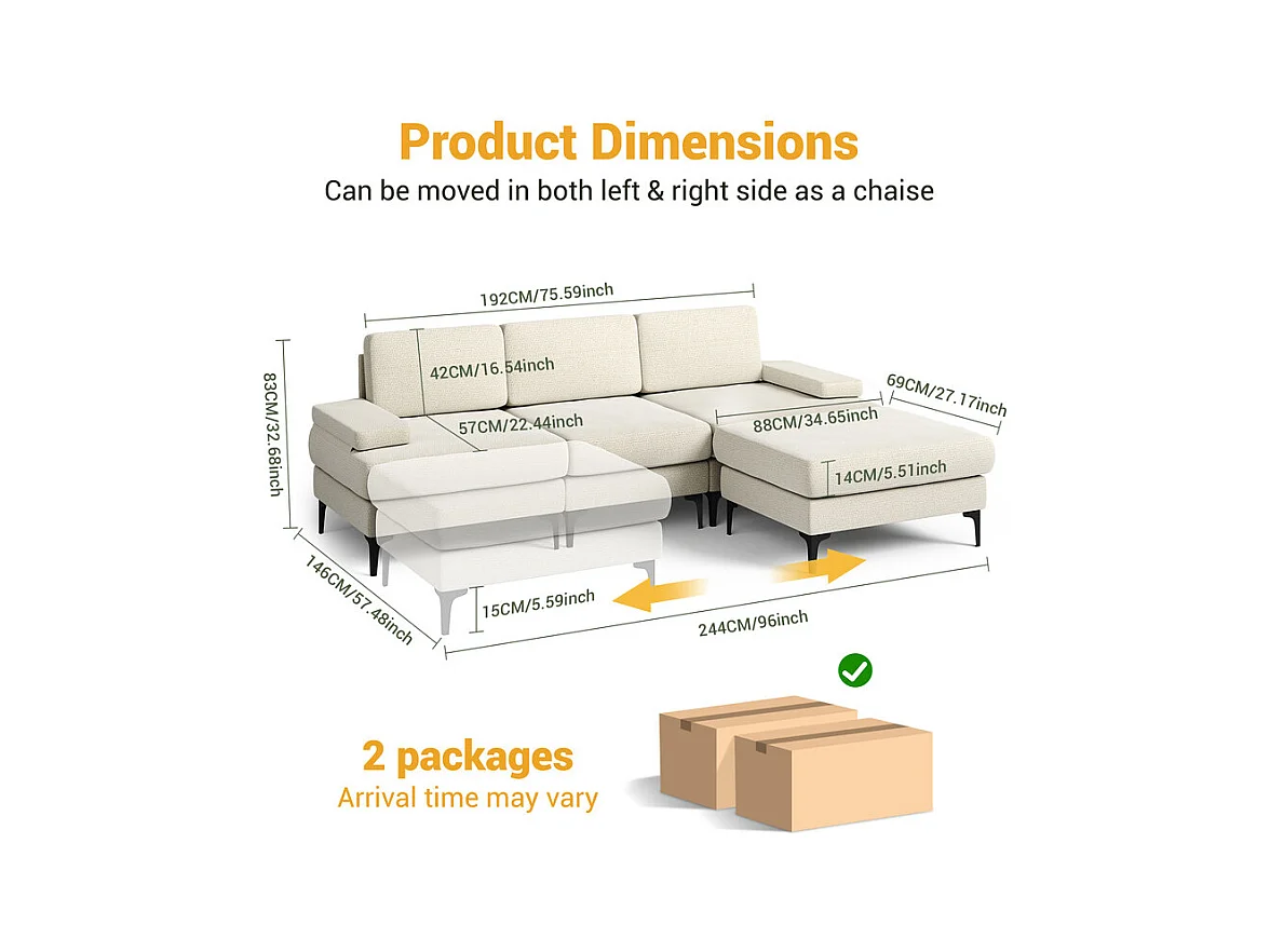 Canapé 3 places d'angle en chenille - avec pouf - charge max 650kg - 244x146x83cm - Beige