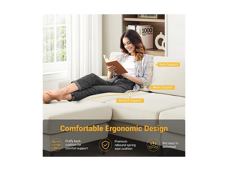 Canapé 3 places d'angle en chenille - avec pouf - charge max 650kg - 244x146x83cm - Beige