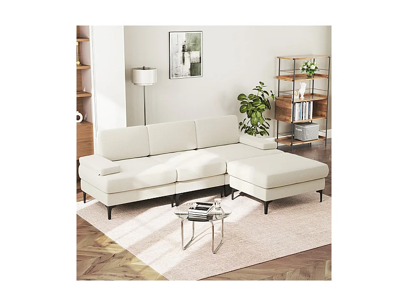 Canapé 3 places d'angle en chenille - avec pouf - charge max 650kg - 244x146x83cm - Beige