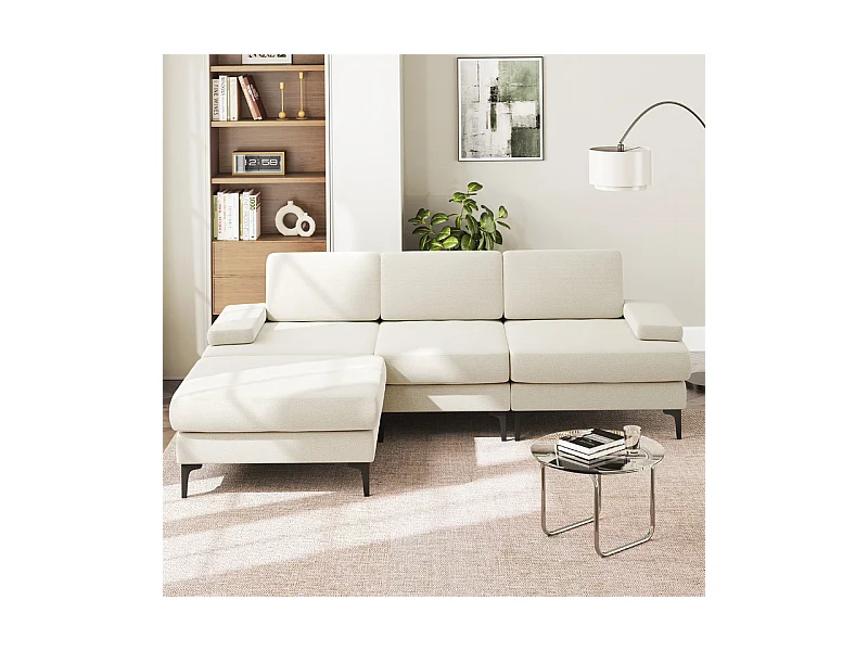 Hoekbank 3-zits in Chenille - met Pouf - Max. Belasting 650kg - 244x146x83cm - Beige