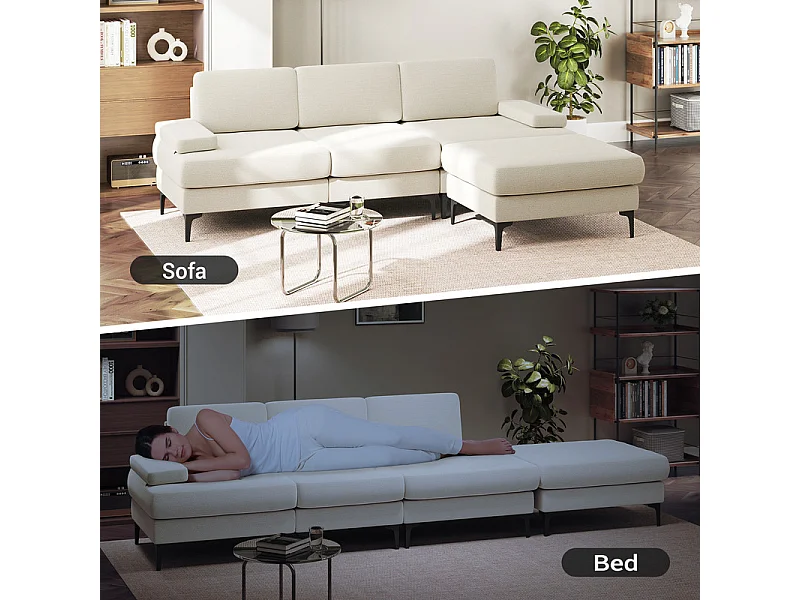 Canapé 3 places d'angle en chenille - avec pouf - charge max 650kg - 244x146x83cm - Beige