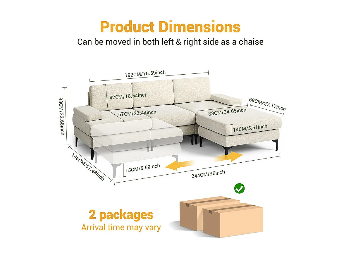 Canapé 3 places d'angle en chenille - avec pouf - charge max 650kg - 244x146x83cm - Beige