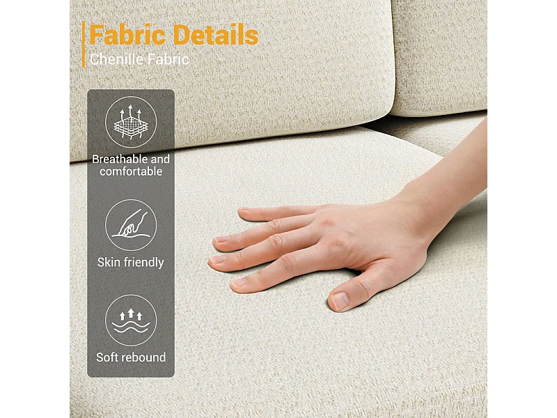 Canapé 3 places d'angle en chenille - avec pouf - charge max 650kg - 244x146x83cm - Beige